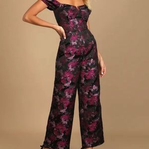New Glam Black Floral Jacquard Bustier Off-the-Shoulder Jumpsuit